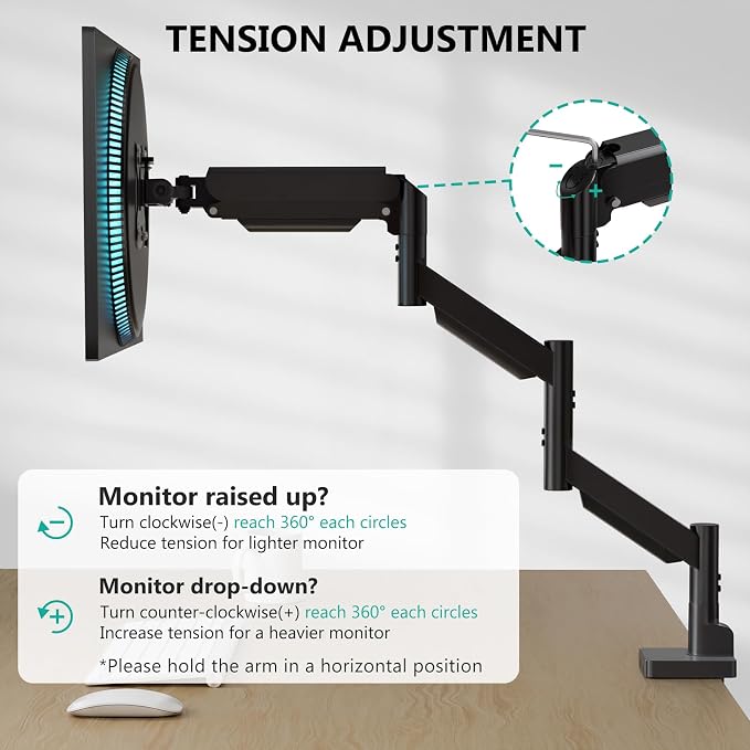 WALI Extra Long Single Monitor Arm for 17-38 inch Screens, up to 26.4 lbs | Tall Monitor Desk Mount, Full Motion with Tilt, Swivel, Rotation, C-Clamp/Grommet Base, VESA 75/100mm (GSMP001L), Black