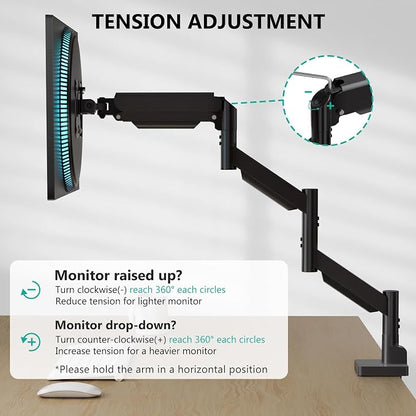 WALI Extra Long Single Monitor Arm for 17-38 inch Screens, up to 26.4 lbs | Tall Monitor Desk Mount, Full Motion with Tilt, Swivel, Rotation, C-Clamp/Grommet Base, VESA 75/100mm (GSMP001L), Black