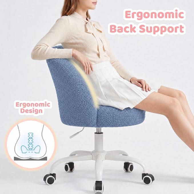 DurayLoly Cute Vanity Chair with Wheels, Ultra-Soft Teddy Fleece, Adjustable Height & 360° Swivel Compact Rolling Desk Chair for Bedroom, Vanity Table & Dorm Ink Blue