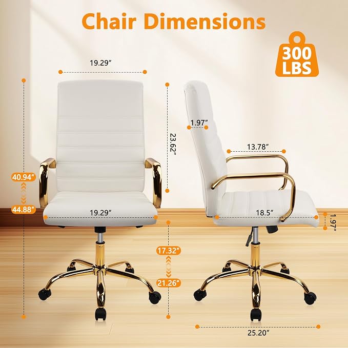 CLATINA White and Gold Office Chair, Leather Executive Computer Desk Chairs with Wheels, Ergonomic Swivel Chairs Task Stools with Arms, Height Adjustable for Home Bedroom Vanity and Living Room