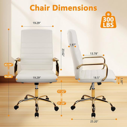CLATINA White and Gold Office Chair, Leather Executive Computer Desk Chairs with Wheels, Ergonomic Swivel Chairs Task Stools with Arms, Height Adjustable for Home Bedroom Vanity and Living Room