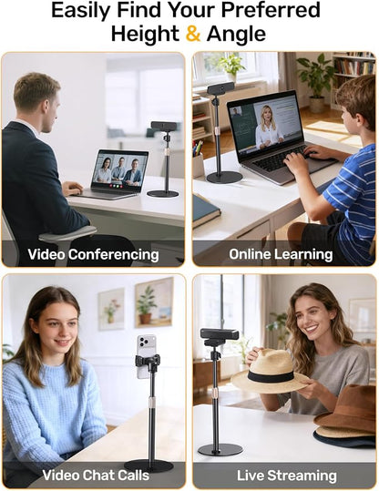 Upgraded Webcam Stand for Desk, Telescopic Webcam Tripod Mount with Ball Head, Compatible with Logitech Camera C922 C930e C920S C920 C615 C960 C920x BRIO 4K NexiGo N60, Phone Holder with 1/4" Thread