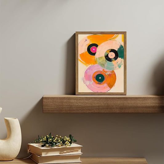 Vintage Vinyl Record Wall Art - Framed Canvas Music Decor for Living Room & Studio, Colorful Abstract Oil Painting in Wood Frame, Retro Record Player Print for Bedroom 8x10 inch