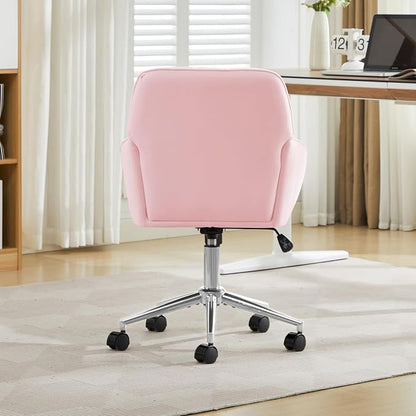 YITAI Velvet Office Desk Armchairs with Silver Base and Wheels,Modern Height Adjustable 360 Degree Swivel Upholstered Vanity Chairs for Living/Room Bedroom/Study,Pink