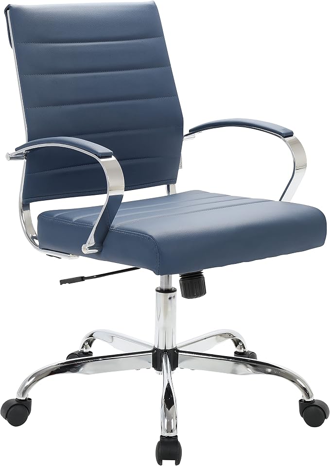 LeisureMod Benmar Leather Office Desk Chair, Mid-Back Ergonomic Swivel Chair with Lumbar Support, Adjustable Height, Tilt Lock, Cushioned Seat & Back, Home Office Task Chair (Navy Blue, Single)