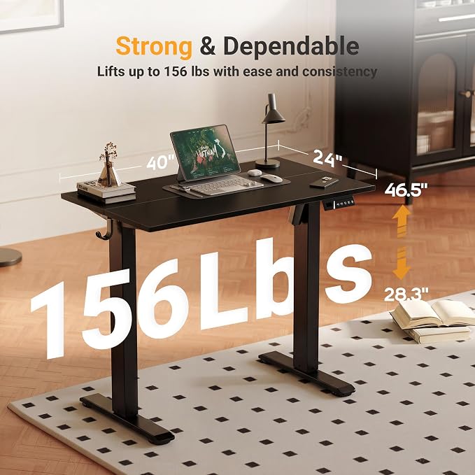 YDN Electric Standing Desk Adjustable Height, 40 x 24 Inches Sit Stand up Desk with Memory Presets & Cable Management, Home Office Desk for Office & Computer Workstation, Black Frame/Black Top