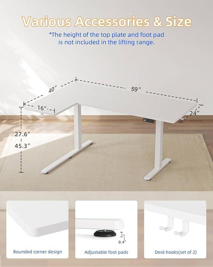 YIHAYO Reversiable L-Shaped Electric Standing Desk, 59 Inches Stand Up Corner Desk, Sit and Stand Up for Work Office Home, Ergonomic Rising Computer Table with Splice Board, White