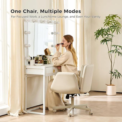 amseatec Criss Cross Chair with Armrests & Wheels, PU Leather Vanity Chair, Comfortable Adjustable Swivel Computer Office Desk Chairs for Home, Make Up, Bed Room (Cream White)