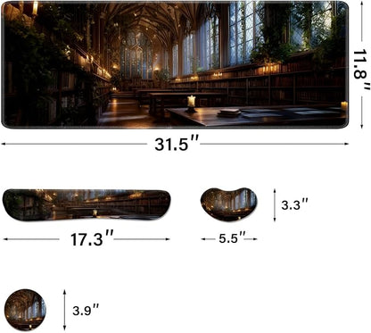 Desk Pad and Keyboard Wrist Rest, Large Mouse Pad + Keyboard Pad+Mouse Wrist Support, Non-Slip Desk Mat Protector for Office, Home 31.5×11.8 Inches Cathedral