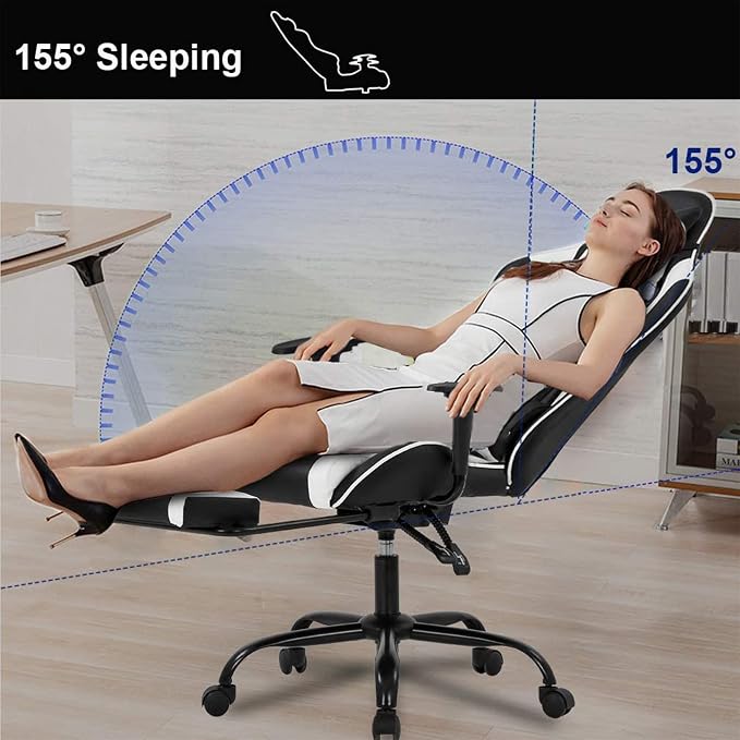 BestOffice | Ergonomic Gaming Chair | White | Reclining Computer Chair with Lumbar Support, Headrest Pillow, Adjustable Footrests | 360 Swivel with Heavy Duty Wheels | for Home & Office