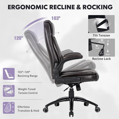 400lbs Capacity Executive Desk Chair with Ergonomic Lumbar Support, Flip-up Arms & High Back Leather Computer Chair for Home/Office, Brown