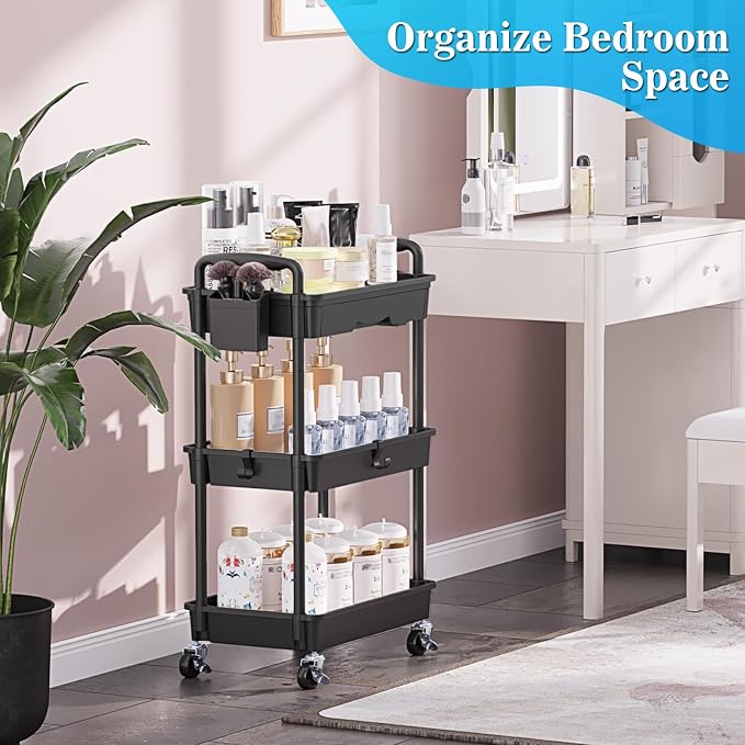 SUNALLY 3 Tier Rolling Cart with Drawer, Bathroom Storage Organizer with 2 Lockable Wheels, Multifunctional Rolling Storage Cart for Bathroom, Kitchen, Office, Craft, Makeup, Baby Essentials, Black