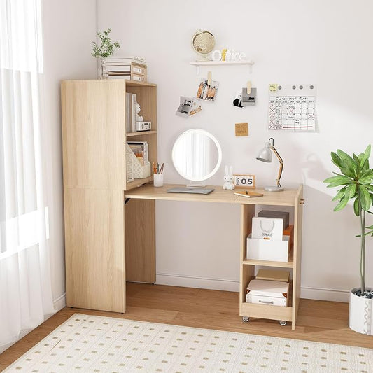 Fold Out Desk with Storage Shelves & Mobile Wheels, Convertible Pull-Out Murphy Desk for Small Spaces | Hidden Writing Computer Desks for Home Office, Apartment & Bedroom(Natural Wood)