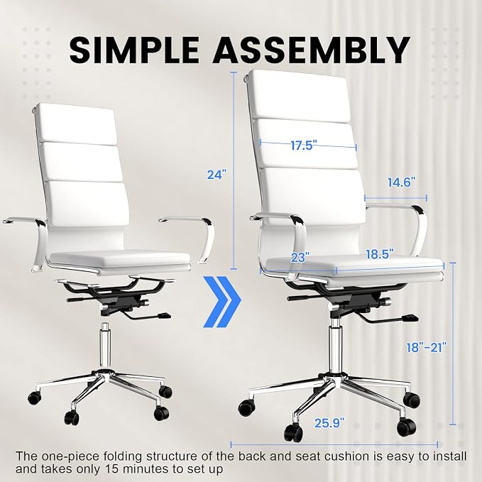 GTPOFFICE Ribbed Office Desk Chair High Back Ergonomic Chair with Wheels Cute Modern Executive Chair Bonded Leather Lumbar Support Computer Chair Swivel Tilt, Snow White