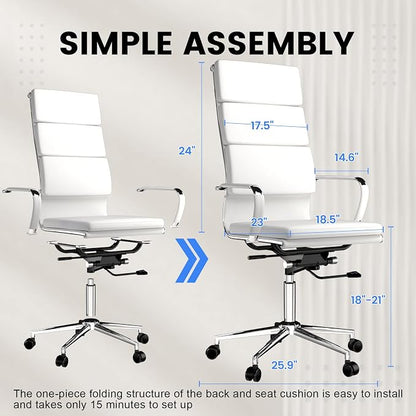 GTPOFFICE Ribbed Office Desk Chair High Back Ergonomic Chair with Wheels Cute Modern Executive Chair Bonded Leather Lumbar Support Computer Chair Swivel Tilt, Snow White
