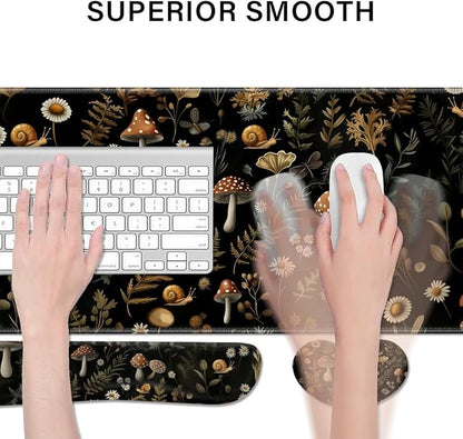 Desk Pad and Keyboard Wrist Rest, Large Mouse Pad + Keyboard Pad+Mouse Wrist Support, Non-Slip Desk Mat Protector for Office, Home 31.5×11.8 Inches Mushroom