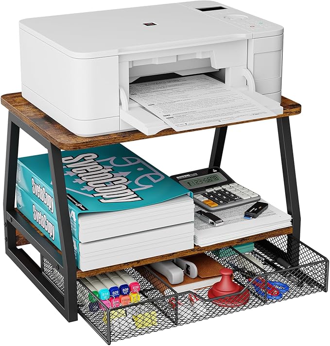 Printer Stand with Storage - Printer Table Office Organizer for Desk Top Organizing, 2-Tier File Holder, Paper Storage and Desktop Shelf for Computer Printer Stand with Drawers Rustic Brown