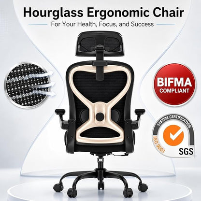 Ergonomic Office Chair, Mesh Desk Chair with Headrest, Lumbar Support, Thick Seat Cushion, Flip-up Arms, High Back Computer Task Chairs for Home Office, Black/Gold