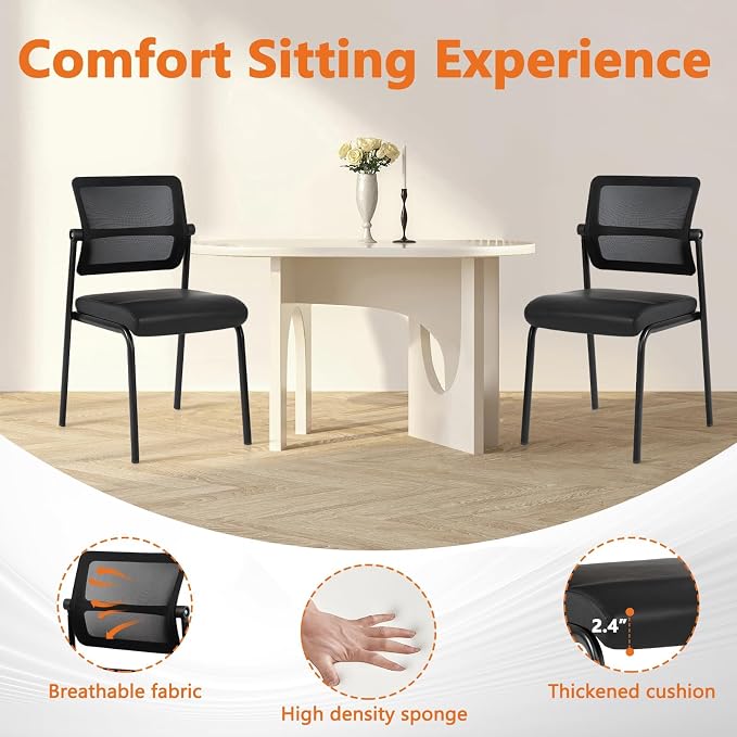 CLATINA Stackable Mesh Office Chair Armless Guest Waiting Stacking Chair with Ergonomic Lumbar Support & Leather Seat Cushion, for Conference, Lobby, School, Reception, BlackTotal Budget, Black