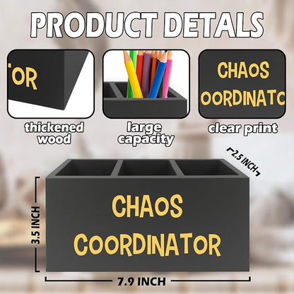 Chaos Coordinator Black Yellow Pen Pencil Holder Organizer for Desk, Thank You Gifts for Women Men Coworkers Boss Leader Manager, Appreciation Gifts Wooden Box Sign for Desk Tabletop Decorations