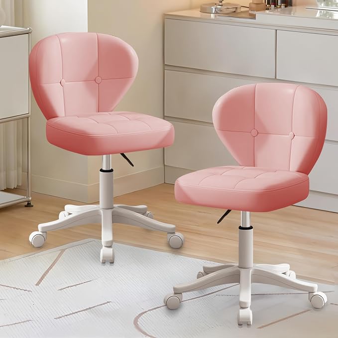 Vanity Chair with Back – Small Armless Office Chair with Wheels, Lumbar Support, PU Leather, Adjustable Height, 360° Swivel for Home, Bedroom, Office (Pink Set of 2)