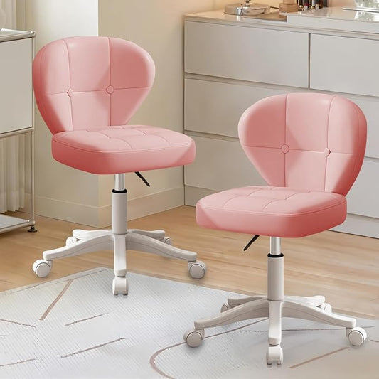 Vanity Chair with Back – Small Armless Office Chair with Wheels, Lumbar Support, PU Leather, Adjustable Height, 360° Swivel for Home, Bedroom, Office (Pink Set of 2)