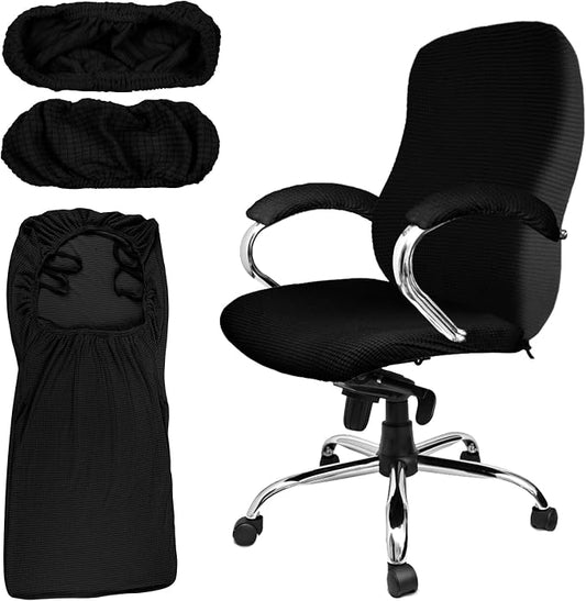Tatuo 3 Pcs Computer Office Chair Cover Universal Rotating Chair Slipcovers Protector Removable Washable Office Armrest Covers with Zipper for High Back Seat Backrest(L,Waffle,Black)