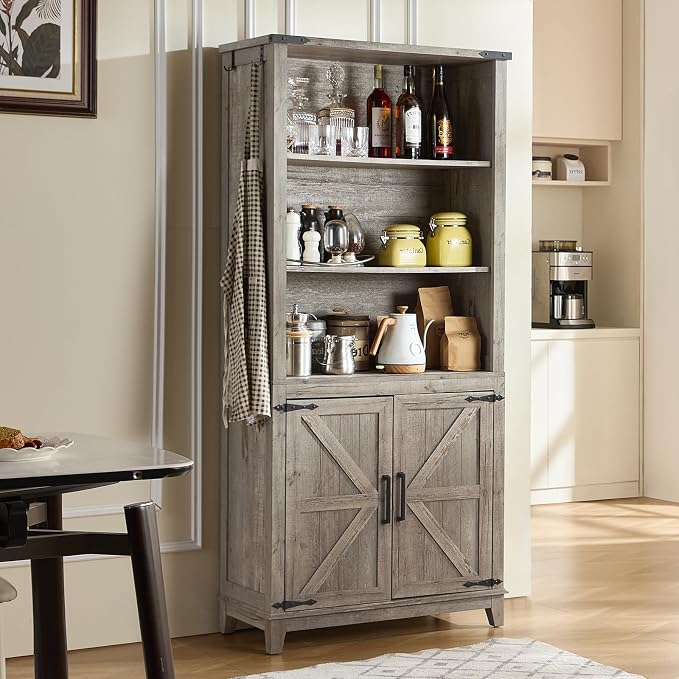 Joaxswe 70in Tall Bookshelf 5 Tier Bookcase with Barn Doors and Adjustable Shelves, Grey Farmhouse Book Shelf with Storage Cabinet, Wood Freestanding Display Bookshelves for Bedroom, Living Room