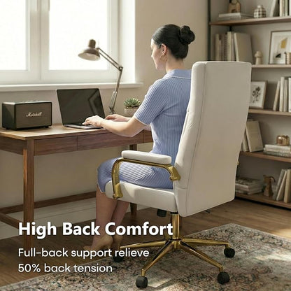 White and Gold Office Desk Chair Memory Foam, High Back Leather Executive Office Chair with Wheels and Arms for Women Girls Teens Adults