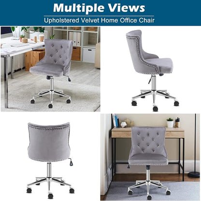VINGLI Grey Velvet Armless Home Office Desk Chair with Silver Chrome Base/Wheels, Small Cute Vanity/Makeup Chair with Back for Bedroom, Upholstered Adjustable Rolling Swivel Nail Chair for Women/Girls