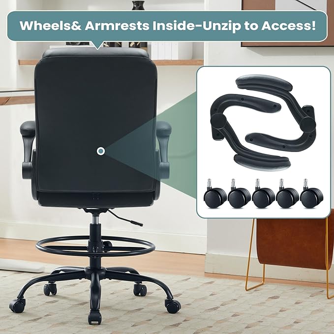 MAHOMICO Drafting Chair for Standing Desk – Tall Office Chair with Adjustable Height & Foot Ring, Flip-Up Arms, Lumbar Support – Comfortable Leather Seat, Ideal Home Desk Chair