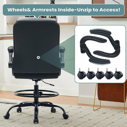 MAHOMICO Drafting Chair for Standing Desk – Tall Office Chair with Adjustable Height & Foot Ring, Flip-Up Arms, Lumbar Support – Comfortable Leather Seat, Ideal Home Desk Chair