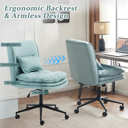VINGLI Cloud Criss Cross Legged Chair,18" High Back Armless Home Office Desk Chair with Wheels,Wide Adjustable Comfy Padded Seat Task Computer Chair,Modern Swivel Makeup Vanity Chair,Microfiber,Blue