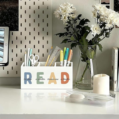 Book Lovers Gifts Pen Holder, Book Reader Gifts Pencil Holder for Desk, Boho Read Today a Reader Tomorrow a Leader Wooden Box Sign Decorations for Reading Room Classroom Desk Tabletop