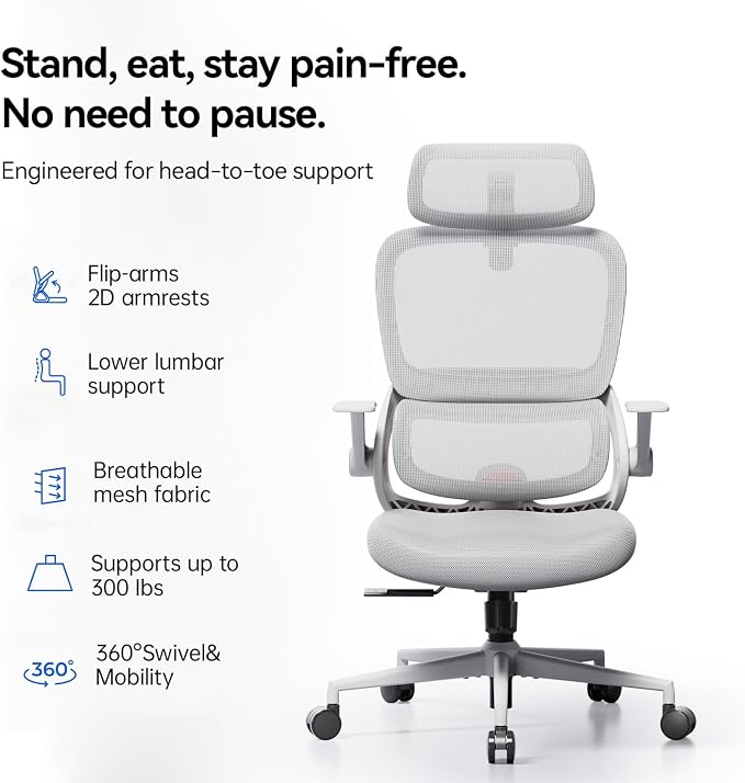SIHOO B100 SE Office Chair, Desk Chair with Adaptive Lumbar Support & 2D Flip-up Armrests, 135° tilt Soft Memory Foam Erogonomic Chair for Home Office,Hold 300 LBS-White