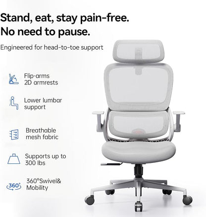 SIHOO B100 SE Office Chair, Desk Chair with Adaptive Lumbar Support & 2D Flip-up Armrests, 135° tilt Soft Memory Foam Erogonomic Chair for Home Office,Hold 300 LBS-White