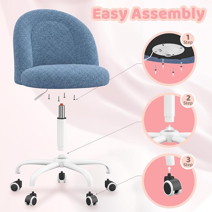 DurayLoly Cute Vanity Chair with Wheels, Ultra-Soft Teddy Fleece, Adjustable Height & 360° Swivel Compact Rolling Desk Chair for Bedroom, Vanity Table & Dorm Ink Blue