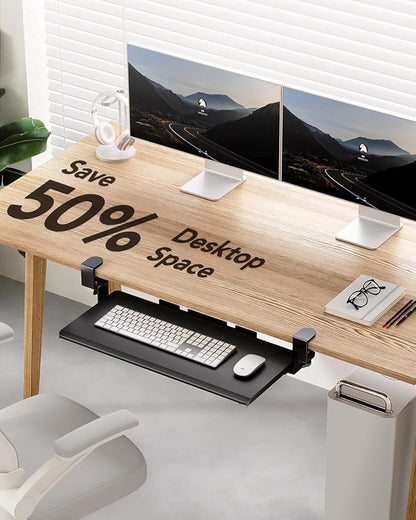 HUANUO Keyboard Tray Under Desk, Keyboard Holder with C-Clamp Hardware, 26.5″ W x 11.8″ D Slide Out Computer Keyboard & Mouse Tray for Home Office, Black, HNKB12B, Large