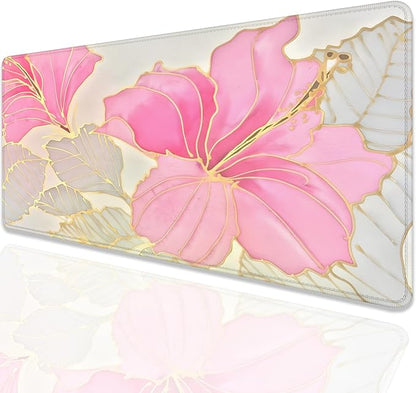 Abstract Floral Mouse Pad Desk Mat,Pink and Gold Extended Gaming Mouse Pad with Stitched Edges,Non-Slip Waterproof Rubber Base for Office,Computer,Keyboard,Laptop and Home Desk Pad(27.5X11.8 in)