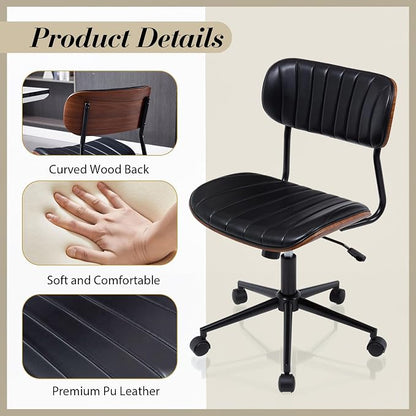 Modern Walnut Home Office Chair，Adjustable Height Desk Chair with Wheels，Armless Computer Chair for Office, Reading Meeting Room, Black