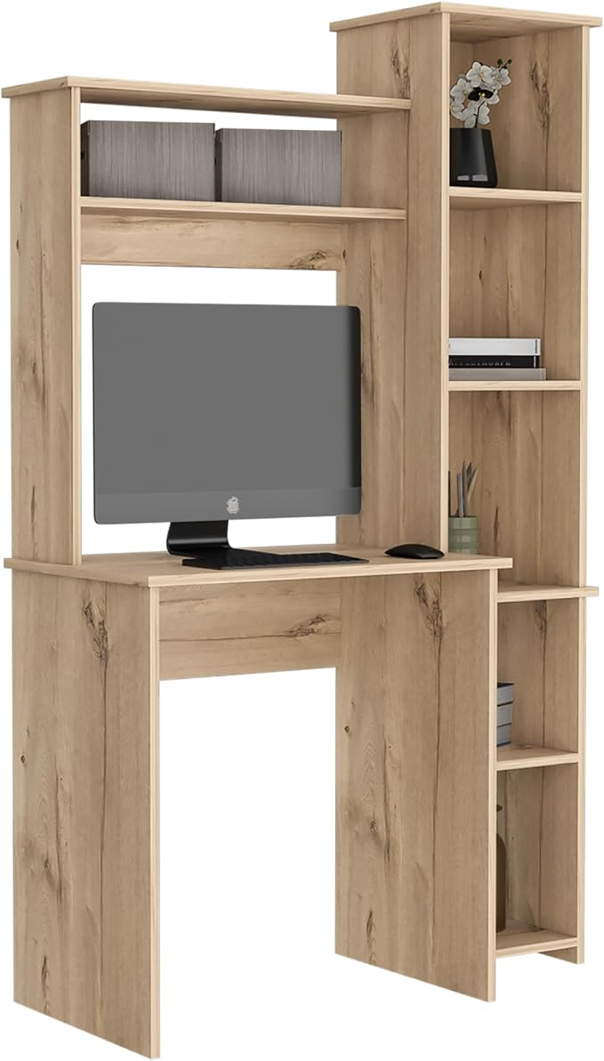 Tuhome Versalles Writing Desk with Two Superior Shelves, Five Side Open Storage Compartments, Space-Saving Modern Workstation Design for Studios and Offices, Ideal for Organization, Books