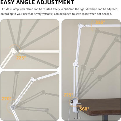 Upgrade Swing Arm LED Desk Lamp with Clamp, 80 LED Beads, 5 Color Modes & 11 Brightness Levels, 360° Adjustable Arm, Eye-Caring Light CRI95, Timer & Memory Function, for Office, Study, Crafting