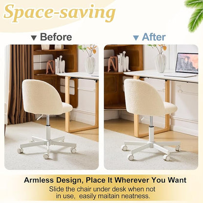 VINGLI Candy Chair Armless Cute Desk Chair,Comfy Small Office Chair with Wheels,Vanity Chair Lumbar Support,Teddy Adjustable Rolling Swivel Computer Task Chair for Home Office,Bedroom,Creamy Beige
