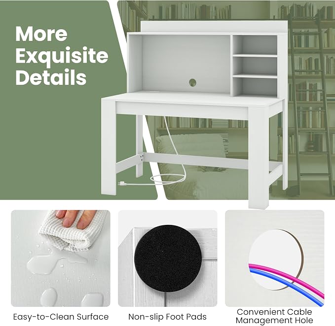 GOFLAME Computer Desk with Hutch, Home Office Desk with 2 Power Outlets, USB & Type-c Charging Ports, 3 Storage Shelves, Cable Hole, Writing Desk, Modern White Laptop PC Desk for Study, Office