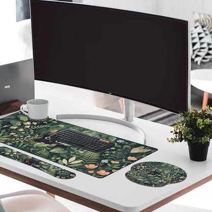 Britimes Green Plants Keyboard Mouse Pad Set Cute Black Cat 4in1 Large Mousepad+Keyboard Wrist Rest+Mouse Wrist Rest+Coaster Ergonomic Design for Home Office Computer 35.4x15.7 inches