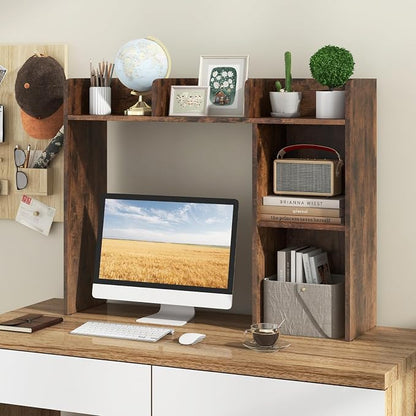 GOFLAME 5 Shelves Desktop Bookshelf, Wood Desk Hutch Dorm for Computer Desk, Countertop Display Rack, 3-Tier Desk Storage Organizer Shelf for Dormitory, Home Office, Study, Rustic Brown