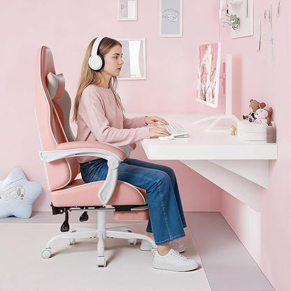 Shahoo Gaming Chair with Footrest and Massage Lumbar Support, Video Racing Seat Height Adjustable with 360° Swivel and Headrest for Office or Bedroom, Light Pink