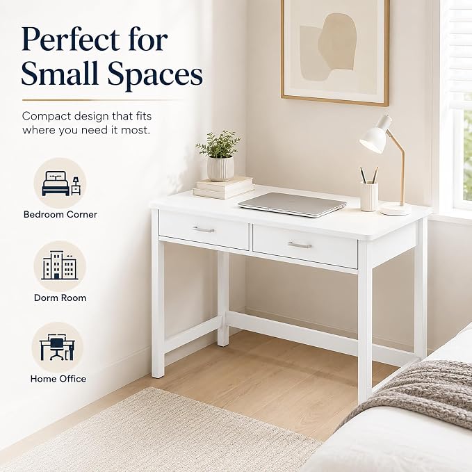4NM 39.4" Small Desk with Wood Drawers, Home Office Computer Desk with Wooden Legs, Study Writing Table Vanity Desk for Small Spaces - White
