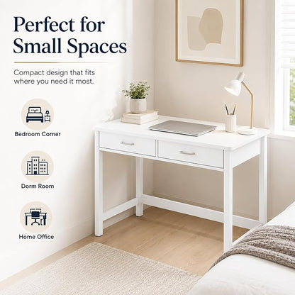 4NM 39.4" Small Desk with Wood Drawers, Home Office Computer Desk with Wooden Legs, Study Writing Table Vanity Desk for Small Spaces - White