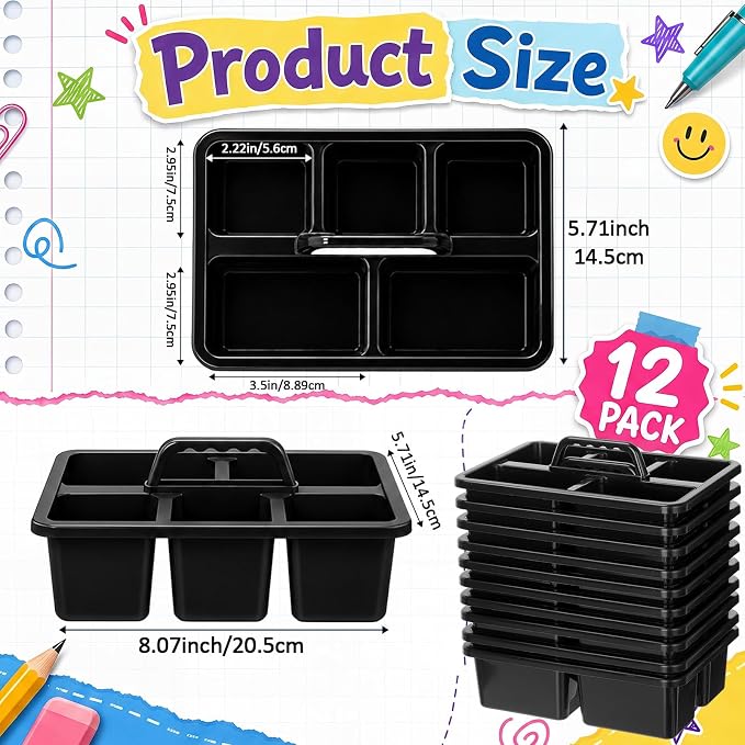 WILLBOND 12 Pcs Classroom Caddy with Handle Bulk Plastic Storage Caddy Organizer with 5 Compartment Portable Storage Bin for Pencil, Pen, Crayon, Marker, Home, Office, School Supply(Black)